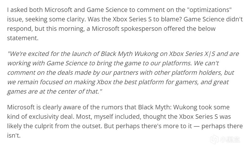微软正式回应《黑神话：悟空》延期上线Xbox平台一事